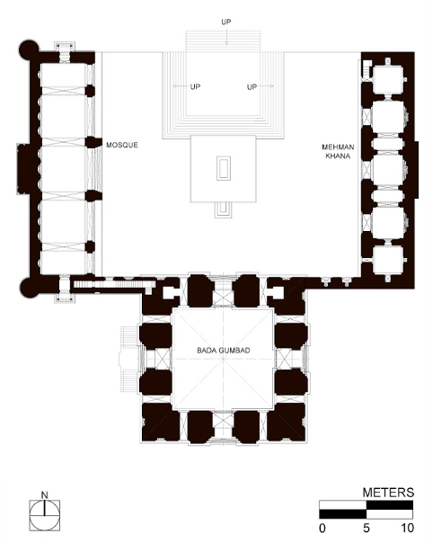 Source: Google Arts & Culture, 2023, Plan of the Bada Gumbad
along with the Mosque and Mehman Khana